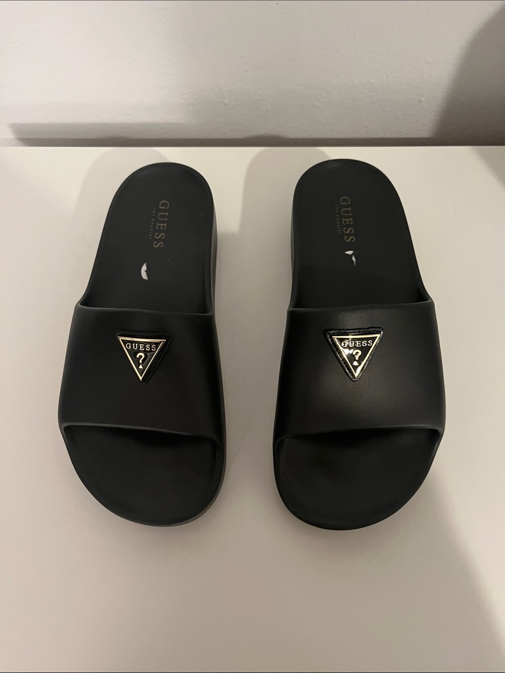 Guess Black Slides with Gold Triangle Logo